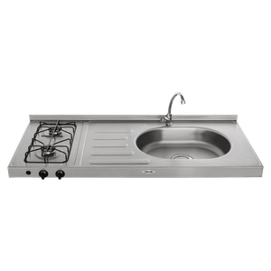 Meson en acero inoxidable a gas natural de  dos puestos con pozuelo derecho de 120x50 cm